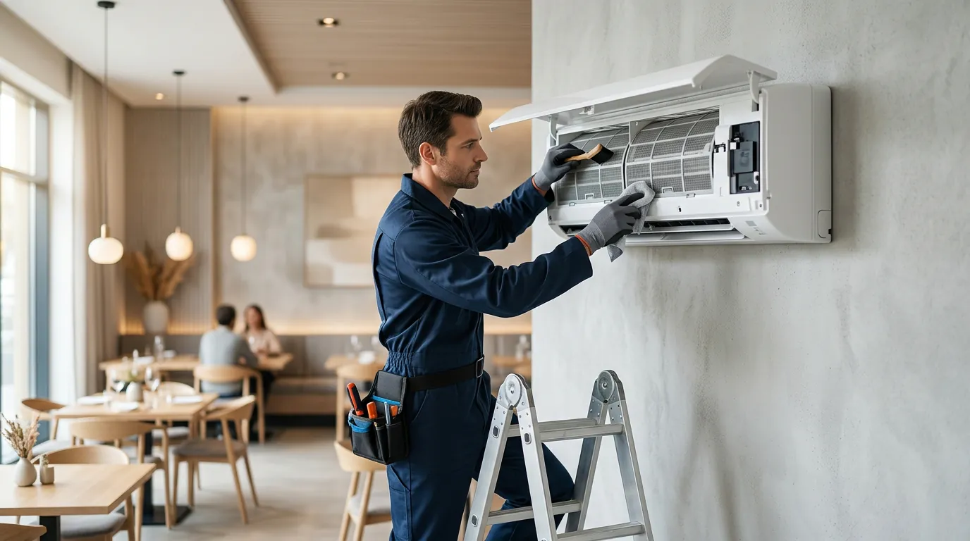 Técnico realizando mantenimiento y limpieza de filtros de un aire acondicionado en un local de hostelería