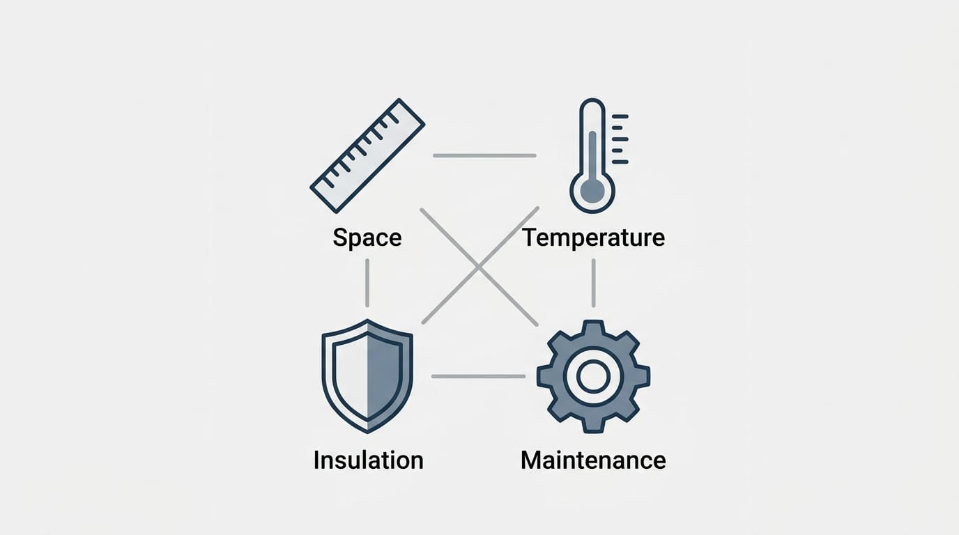 Esquema visual de los factores clave para la instalación de una cámara frigorífica.